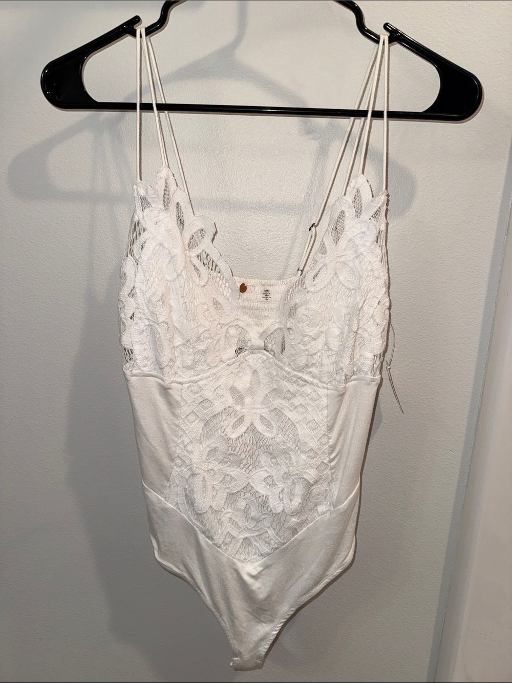 Free People Intimately White Lace Mesh Bodysuit with Double Spaghetti Straps